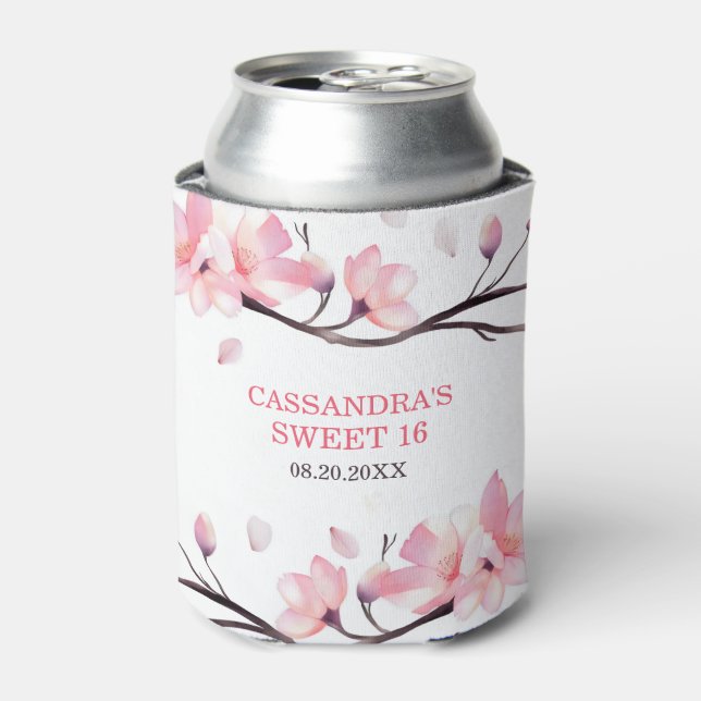 Modern Blush Pink Cherry Blossom Sakura Birthday Can Cooler (Can Front)