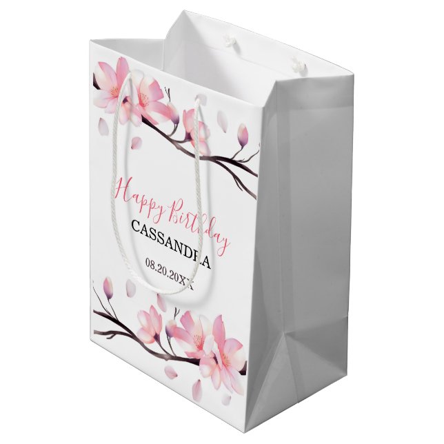 Modern Blush Pink Cherry Blossom Sakura Birthday Medium Gift Bag (Back Angled)