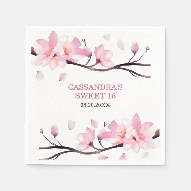 Modern Blush Pink Cherry Blossom Sakura Birthday Napkin (Front)