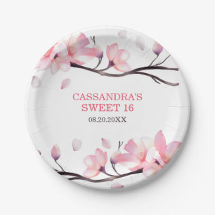 Modern Blush Pink Cherry Blossom Sakura Birthday Paper Plate