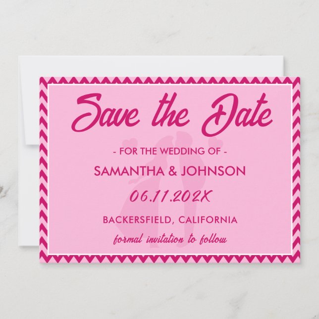 Modern Blush Pink Chevron Stripe QR Code Save The Date (Front)