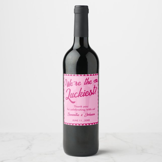 Modern Blush Pink Chevron Stripe Wedding Wine Label (Front)