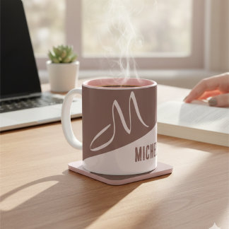 Modern Blush Pink & Cocoa Color Block Monogrammed Two-Tone Coffee Mug