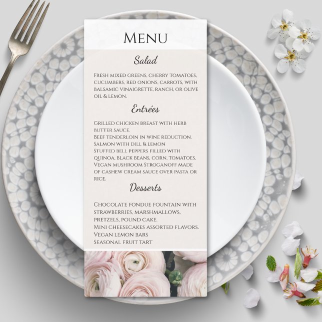 modern blush pink Collection wedding menu card (Modern blush pink flower easy to read menu. Creamy background with crispy white details. )