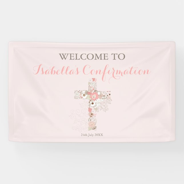 Modern blush pink confirmation floral cross name banner (Horizontal)
