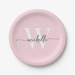 Modern Blush Pink Custom Monogram Name Script Paper Plate
