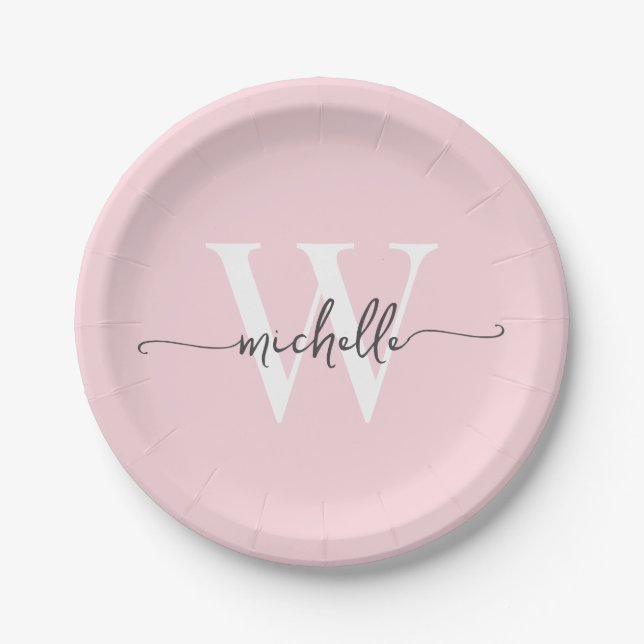 Modern Blush Pink Custom Monogram Name Script Paper Plate (Front)