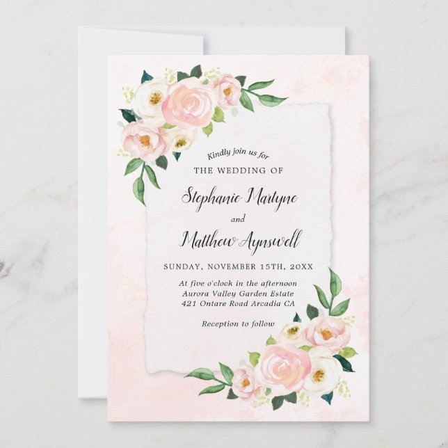 Modern Blush Pink Dusty Floral Watercolor Wedding Invitation (Front)