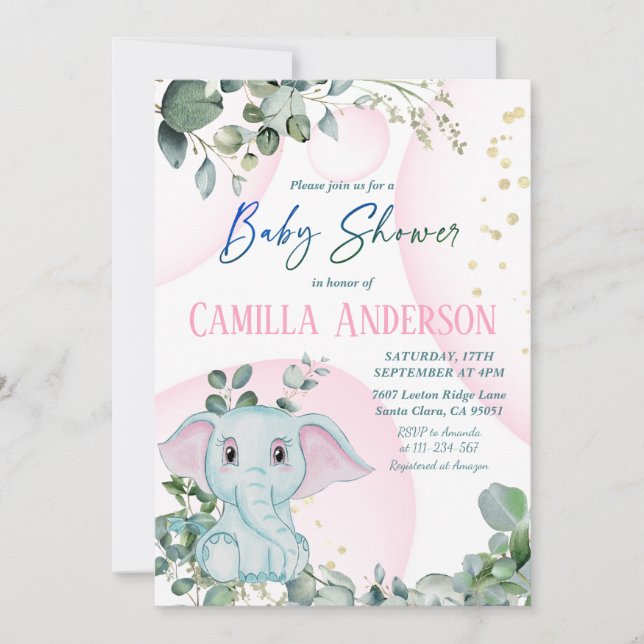 Modern Blush Pink Elephant Greenery Baby Shower Invitation (Front)