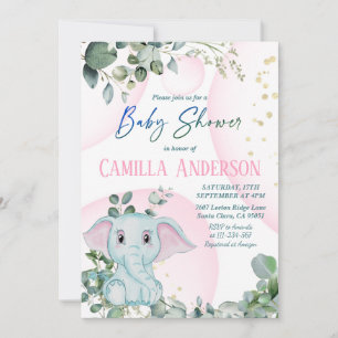 Modern Blush Pink Elephant Greenery Baby Shower Invitation