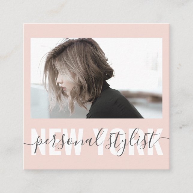 Modern blush pink fashion stylist signature photo square business card (Front)