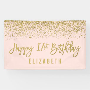 Modern Blush Pink Faux Gold Glitter 17th Birthday Banner
