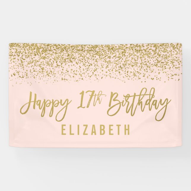 Modern Blush Pink Faux Gold Glitter 17th Birthday Banner (Horizontal)