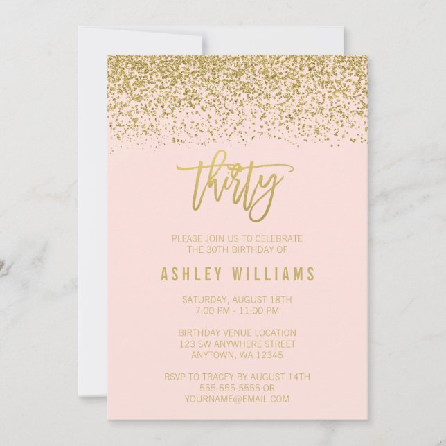 Modern Blush Pink Faux Gold Glitter 30th Birthday Invitation (Front)