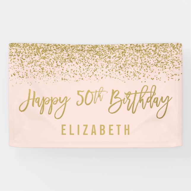 Modern Blush Pink Faux Gold Glitter 50th Birthday Banner (Horizontal)