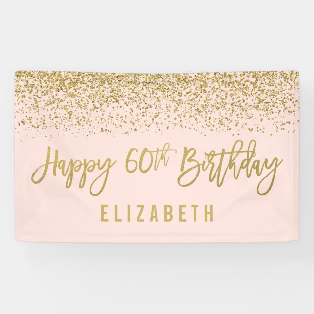 Modern Blush Pink Faux Gold Glitter 60th Birthday Banner (Horizontal)