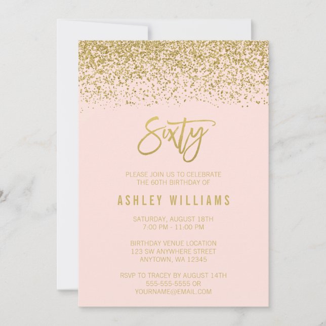 Modern Blush Pink Faux Gold Glitter 60th Birthday Invitation (Front)