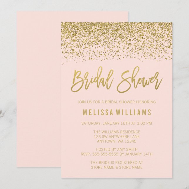 Modern Blush Pink Faux Gold Glitter Bridal Shower Invitation (Front/Back)
