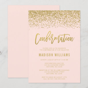 Modern Blush Pink Faux Gold Glitter Confirmation Invitation