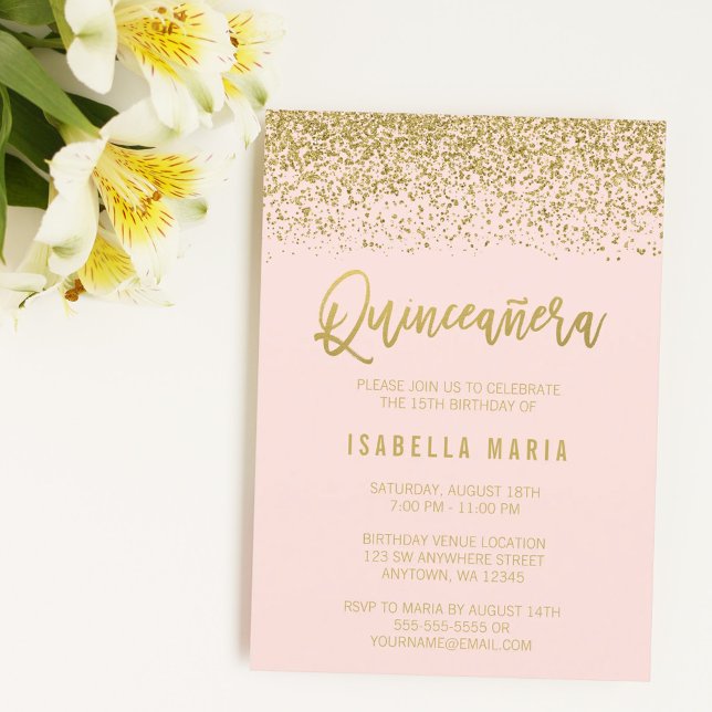 Modern Blush Pink Faux Gold Glitter Quinceanera Invitation (Creator Uploaded)