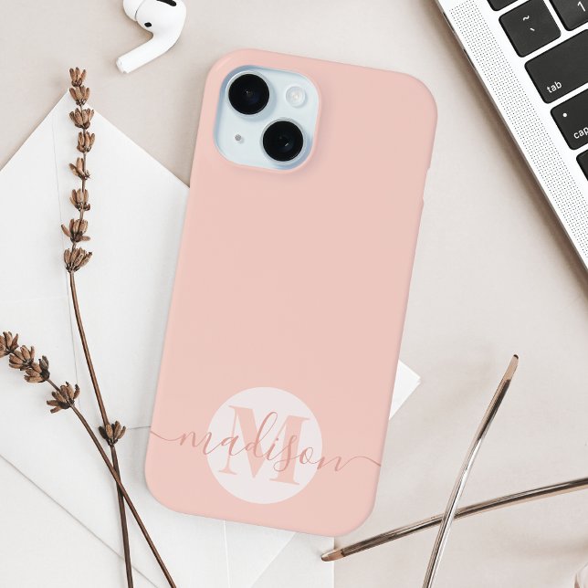 Modern Blush Pink Feminine Script Monogrammed iPhone 15 Case (Creator Uploaded)