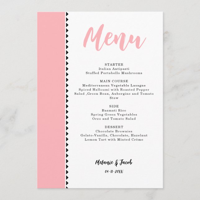 Modern Blush Pink Flat Menu Card (Front)