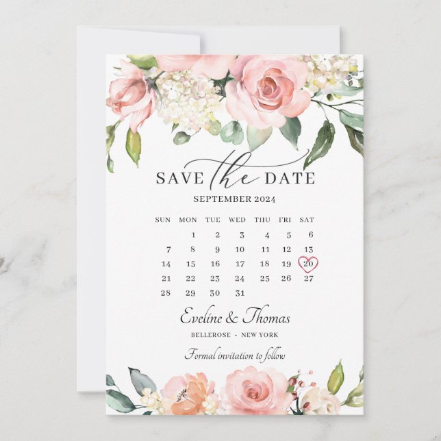 Modern blush pink floral boho month calendar save the date (Front)