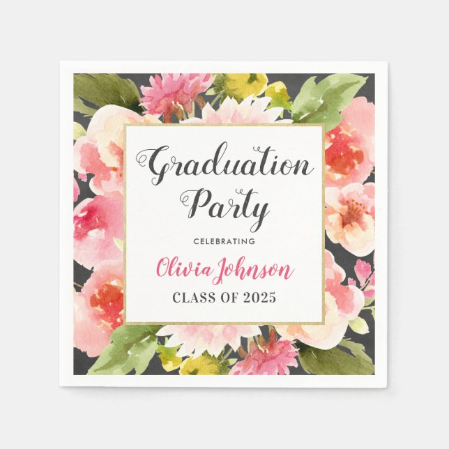 Modern Blush Pink Floral Border Graduation Party Napkin (Front)