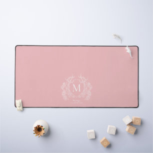 Modern Blush Pink Floral Crest Monogram Desk Mat
