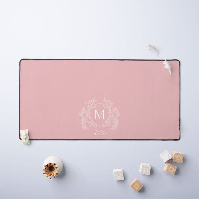 Modern Blush Pink Floral Crest Monogram Desk Mat (Kids Table)