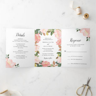 Modern Blush Pink Floral Elegant Wedding Tri-Fold Invitation