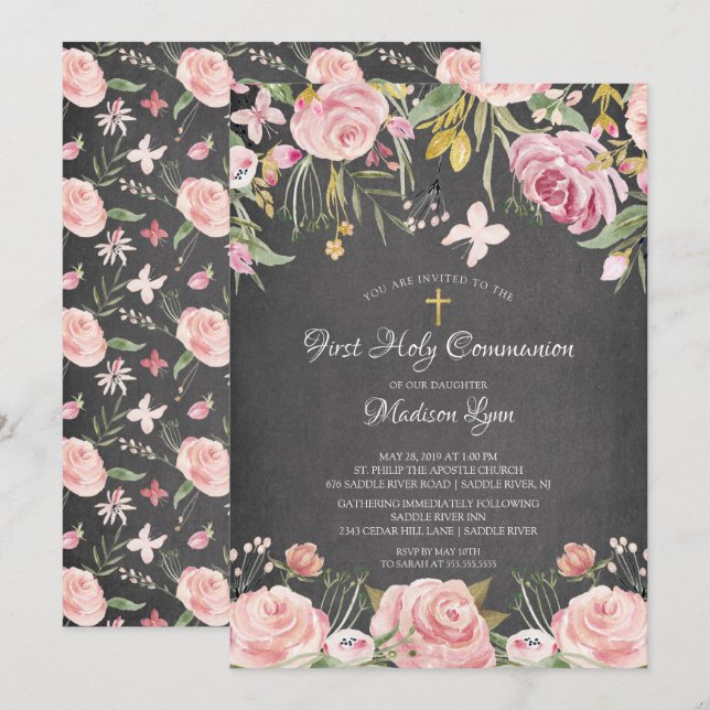 Modern Blush Pink Floral First Holy Communion Invitation (Front/Back)