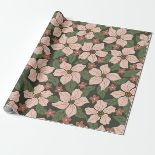 Modern Blush Pink Floral Garden on Forest Green Wrapping Paper