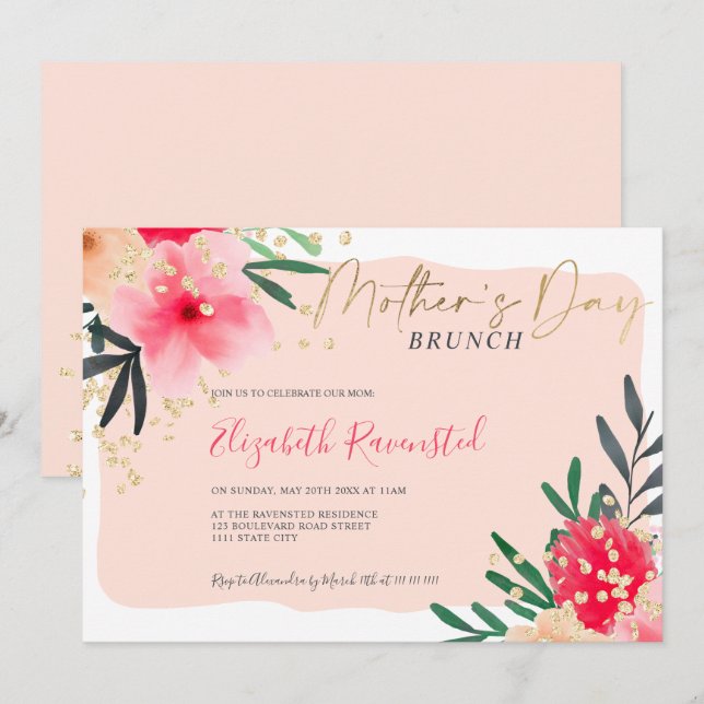 Modern blush pink floral girly gold mother's day invitation (Front/Back)