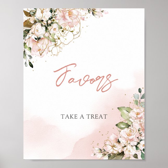 Modern blush pink floral gold boho favors sign (Front)