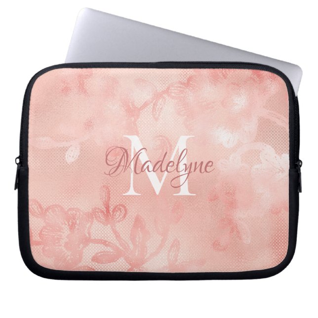 Modern Blush Pink Floral Lace Shimmer Monogram Laptop Sleeve (Front)