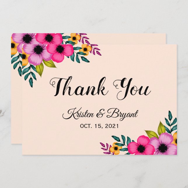 Modern Blush Pink Floral Minimal wedding Thank You Card (Front/Back)