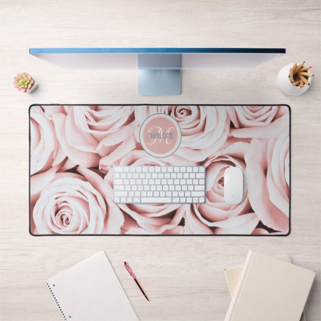 Modern blush pink floral monogram name desk mat (Office 1)