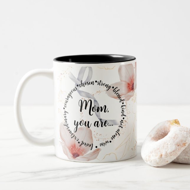 Modern Blush Pink Floral Mum You Are Mothers Day Two-Tone Coffee Mug (With Donut)