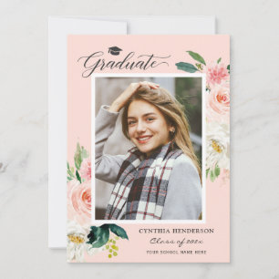 Modern Blush Pink Floral Photo Graduation Party Invitation