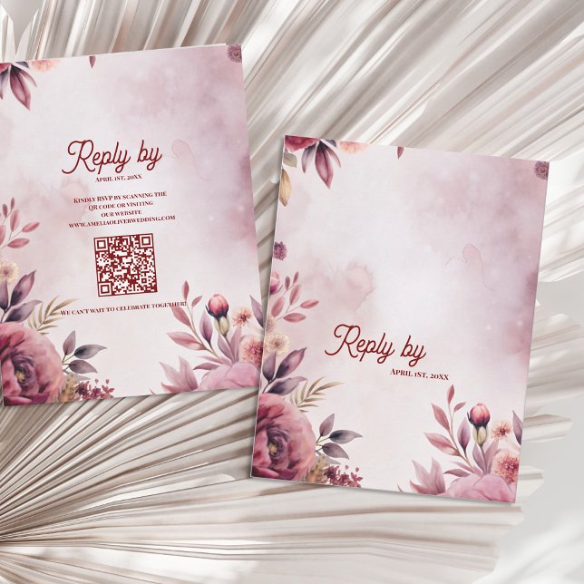 Modern Blush Pink Floral QR Code Romantic Wedding RSVP Card (Blush Pink Floral Wedding RSVP Card with QR Code | Modern Floral Reply Card)