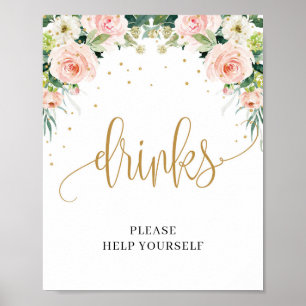 Modern Blush pink floral roses gold drinks sign