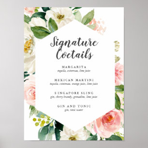 Modern Blush Pink Floral Signature Cocktail Menu Poster