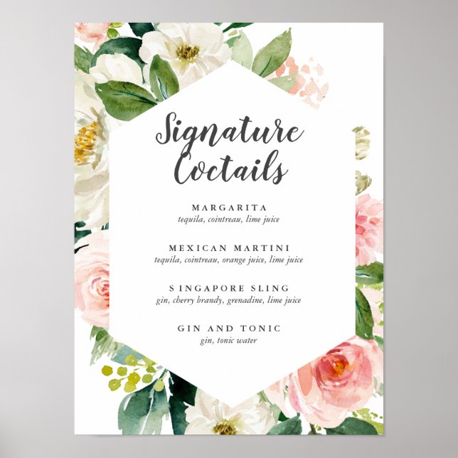 Modern Blush Pink Floral Signature Cocktail Menu Poster (Front)