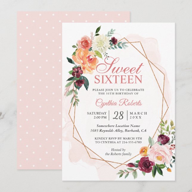 Modern Blush Pink Floral Sweet 16 Birthday Party Invitation (Front/Back)