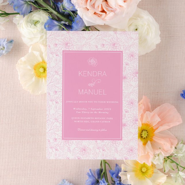 Modern Blush Pink Floral Toile Wedding Invitation (Creator Uploaded)