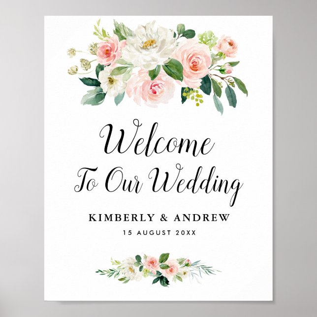 modern blush pink floral wedding welcome sign (Front)