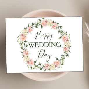 Modern Blush Pink Floral Wreath Happy Wedding Day Card