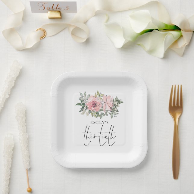 Modern Blush Pink Florals 30th Birthday Party Paper Plate (Wedding)
