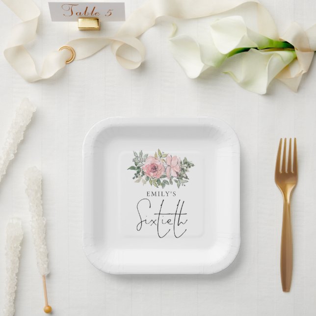 Modern Blush Pink Florals 60th Birthday Party Paper Plate (Wedding)